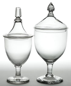 FREE-BLOWN COVERED JARS, LOT OF TWO