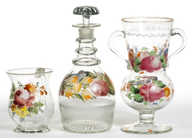 BLOWN AND ENAMEL PAINTED CONTINENTAL GLASS ARTICLES, LOT OF THREE