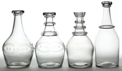 ASSORTED FREE-BLOWN GLASS DECANTERS, LOT OF FOUR
