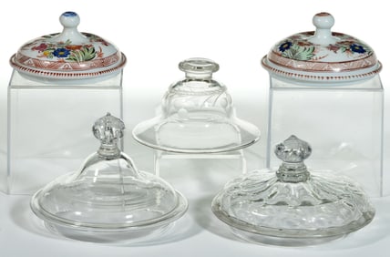 ASSORTED BLOWN GLASS SUGAR COVERS, LOT OF FIVE