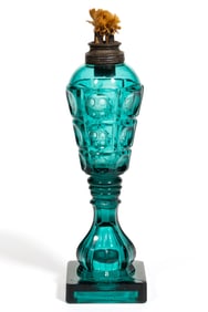 DIMINUTIVE PRESSED THREE-PRINTIE BLOCK WHALE OIL STAND LAMP