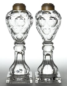 PAIR OF BLOWN AND PUNTY CUT FONT WHALE OIL / FLUID STAND LAMPS