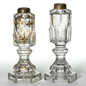 HEAVY CUT, GILDED, ENGRAVED AND PRESSED WHALE OIL / FLUID STAND LAMPS, NEAR PAIR