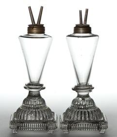 FREE-BLOWN FONT WHALE OIL / FLUID STAND LAMPS, PAIR