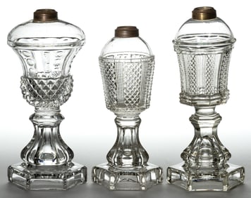 ASSORTED PRESSED EAPG PATTERN WHALE OIL / FLUID STAND LAMPS, LOT OF THREE