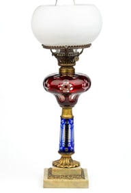 CUT OVERLAY QUATREFOIL AND OVALS KEROSENE BANQUET STAND LAMP