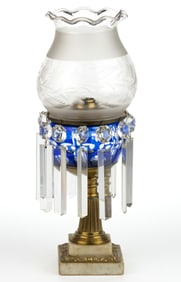 J. F. IDEN CUT-OVERLAY GLASS KEROSENE STAND LAMP