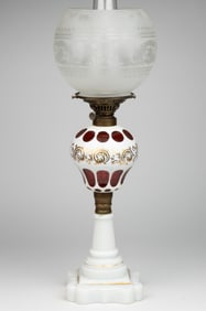 CUT OVERLAY PUNTY AND OVAL KEROSENE STAND LAMP