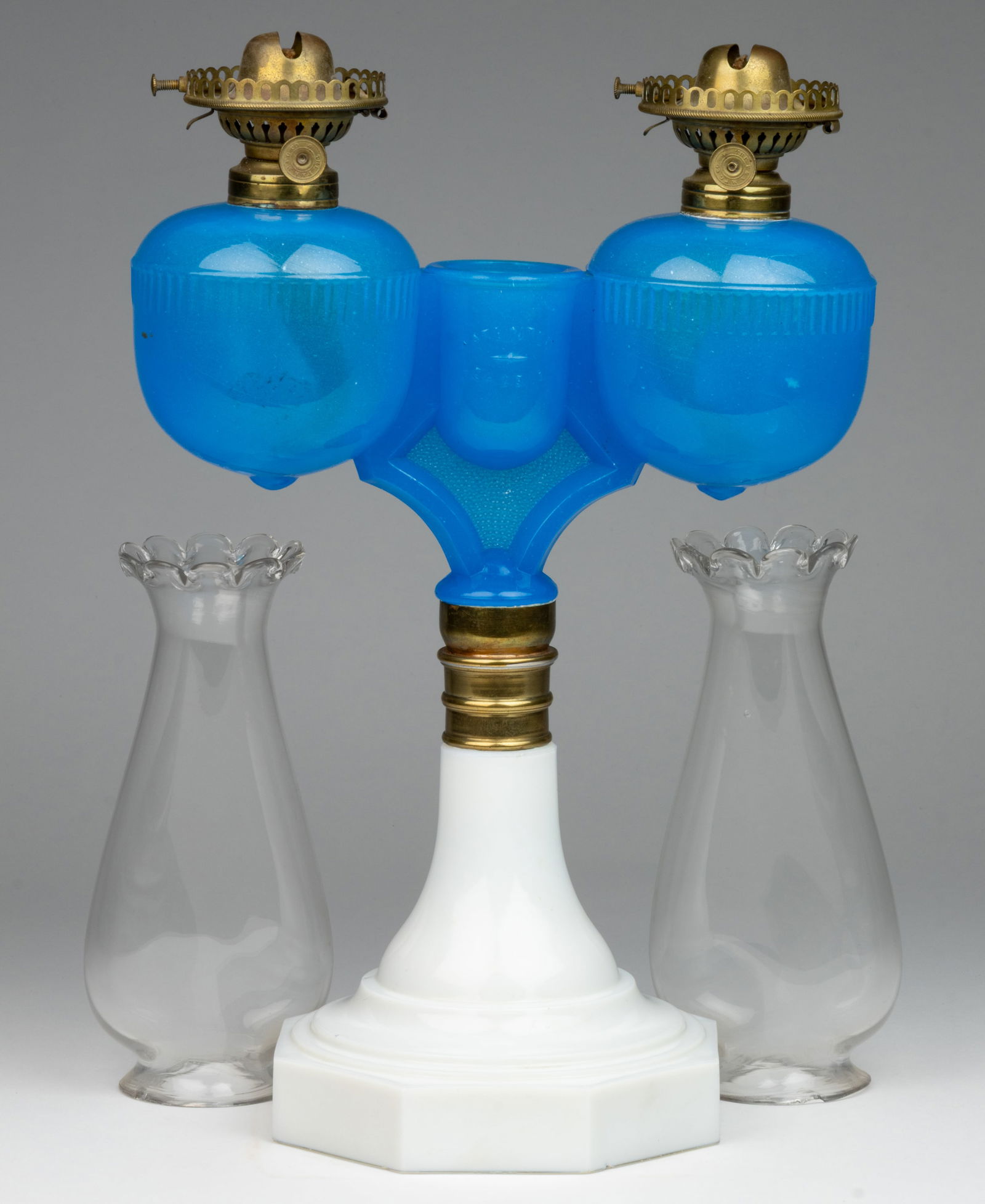 RIPLEY MARRIAGE / WEDDING KEROSENE STAND LAMP: RIPLEY MARRIAGE / WEDDING KEROSENE STAND LAMP, translucent starch blue fonts and match holder, embossed match holder with "PATENTED SEP. 20. 1870", opaque white Atterbury stan