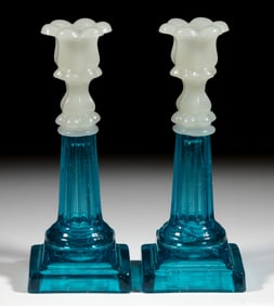 PRESSED PETAL AND COLUMNAR PAIR OF CANDLESTICKS
