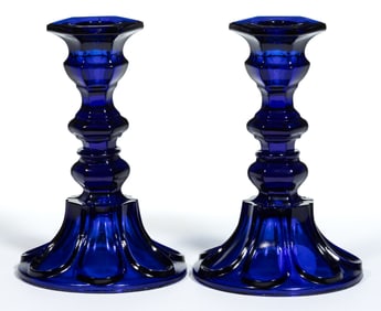 PRESSED HEXAGONAL AND LOOP PAIR OF CANDLESTICKS