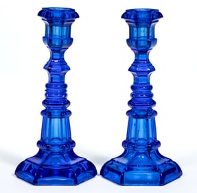 PRESSED HEXAGONAL PAIR OF CANDLESTICKS