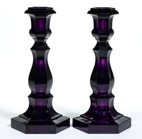 PRESSED HEXAGONAL PAIR OF CANDLESTICKS