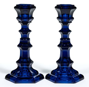 PRESSED HEXAGONAL PAIR OF CANDLESTICKS