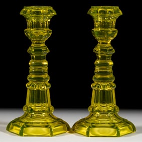 PRESSED HEXAGONAL PAIR OF CANDLESTICKS