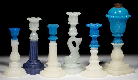 ASSORTED PRESSED LAMP AND CANDLESTICKS, LOT OF SIX