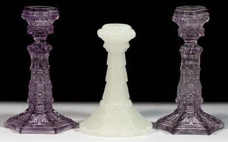 ASSORTED LACY ERA AND EARLY PRESSED CANDLESTICKS, LOT OF THREE