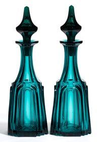 CUT ARCH COLORED GLASS PAIR OF QUART DECANTERS