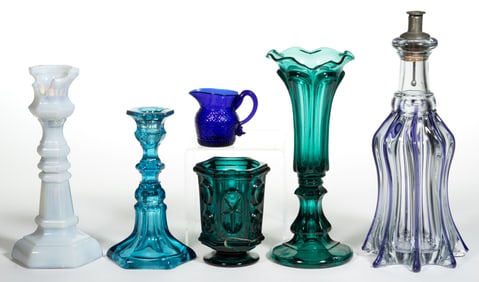 ASSORTED EARLY COLORED GLASS ARTICLES, LOT OF SIX