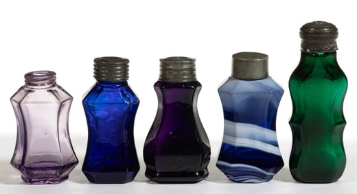 ASSORTED BLOWN-MOLDED COMMERCIAL PUNGENTS / SCENT BOTTLES, LOT OF FIVE