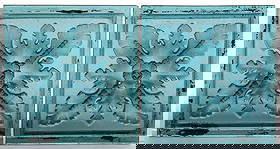 AMERICAN PRESSED GLASS WINDOW PANES / TILES, LOT OF TWO: AMERICAN PRESSED GLASS WINDOW PANES / TILES, LOT OF TWO, teal, each of square form with an impressed foliate design. Probably the Mosaic Glass Co., Fostoria, OH and/or the Addison Glass Factory, Addis