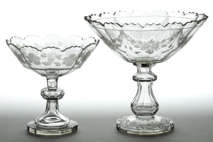 BOHEMIAN CUT AND ENGRAVED GLASS OPEN COMPOTES, LOT OF TWO