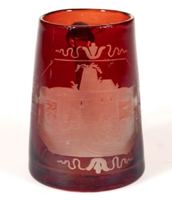 BOHEMIAN FREE-BLOWN RUBY-STAINED AND ENGRAVED MUG