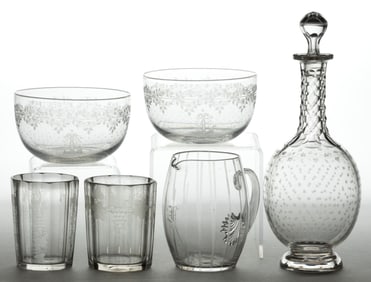 BLOWN AND ENGRAVED GLASS DRINKING ARTICLES, LOT OF SIX