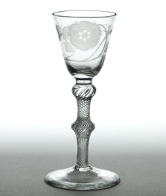 ENGLISH FREE-BLOWN AND ENGRAVED AIR-TWIST BALUSTROID WINE GLASS