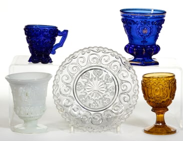 ASSORTED PRESSED LACY GLASS ARTICLES, LOT OF FIVE