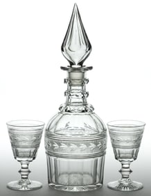 BACCARAT "CHARLES X" SERVICE / PATTERN CUT GUT GLASS QUART DECANTER AND PAIR OF WINE GLASSES, LOT OF