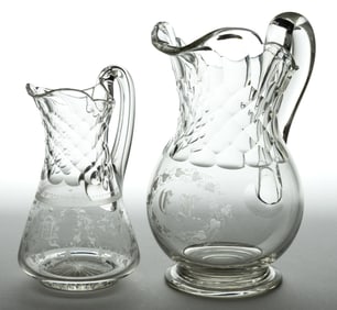 AMERICAN CUT / ENGRAVED HONEYCOMB JUGS / PITCHERS, LOT OF TWO