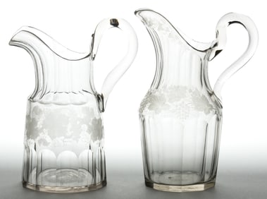 EARLY CUT / ENGRAVED GLASS JUGS / PITCHERS, LOT OF TWO