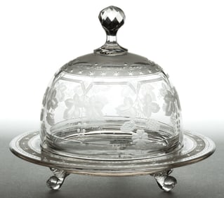 ENGRAVED GLASS CHEESE STAND AND COVER