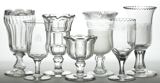 ASSORTED EARLY CUT / ENGRAVED CELERY GLASSES / VASES, LOT OF SIX