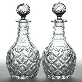 CUT FOUR PETAL GLASS PAIR OF QUART DECANTERS