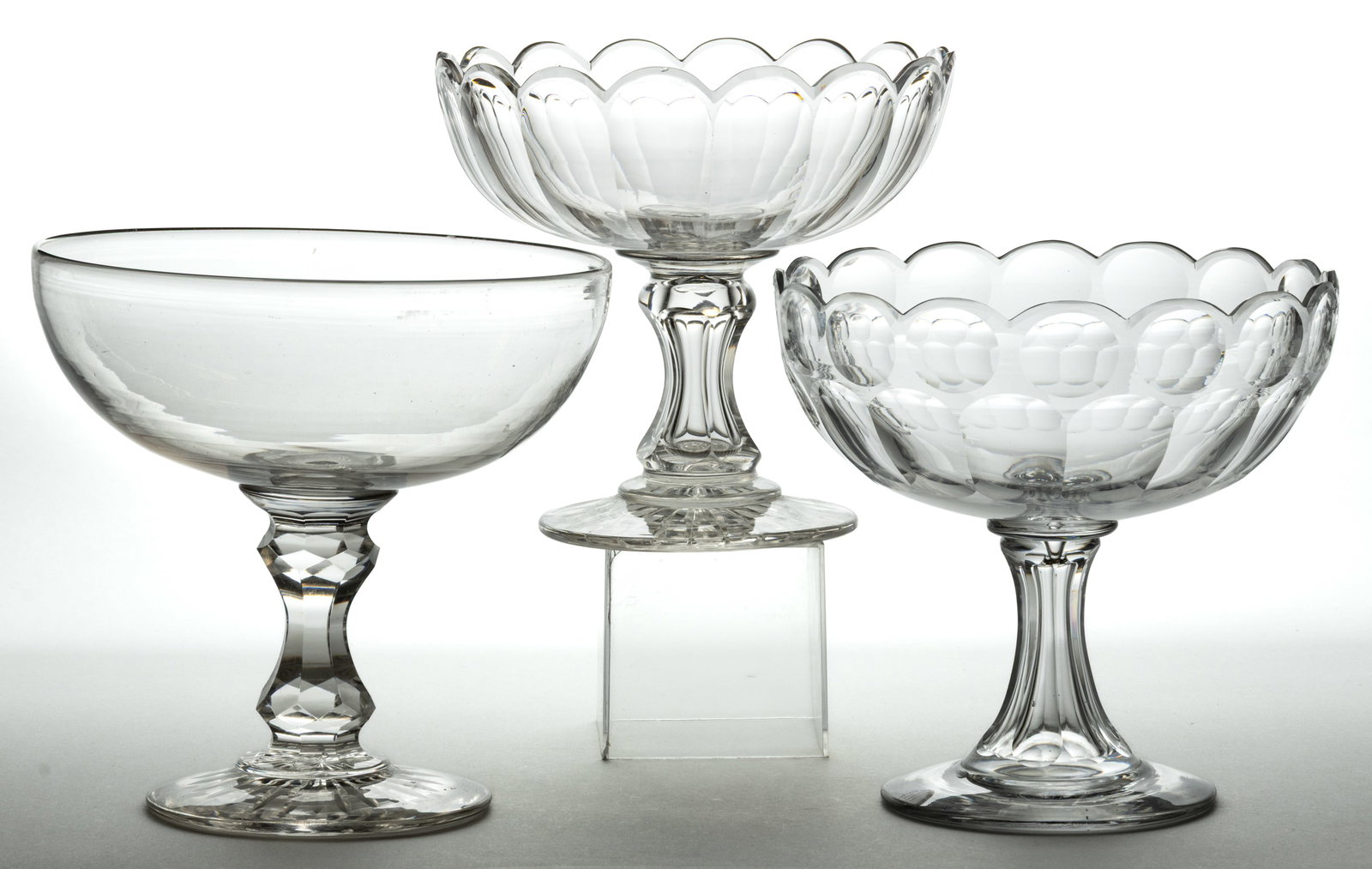 ASSORTED FREE-BLOWN AND CUT GLASS OPEN COMPOTES, LOT OF THREE (1 of 1)