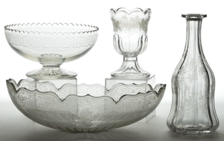 EARLY CUT / ENGRAVED GLASS ARTICLES, LOT OF FOUR