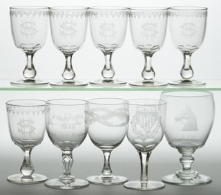 ASSORTED ENGRAVED GLASS GOBLETS, LOT OF TEN