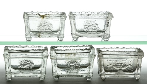 ASSORTED NEW ENGLAND GLASS PRESSED OPEN SALTS, LOT OIF FIVE