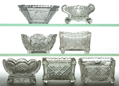 ASSORTED LACY-ERA PRESSED OPEN SALTS, LOT OF SEVEN