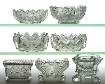 ASSORTED LACY-ERA PRESSED OPEN SALTS, LOT OF SEVEN