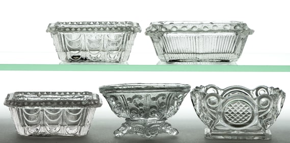 ASSORTED LACY-ERA PRESSED OPEN SALTS, LOT OF FIVE