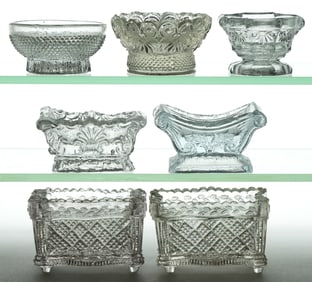 ASSORTED LACY-ERA PRESSED OPEN SALTS, LOT OF SEVEN