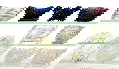 ASSORTED PRESSED AND BLOWN-MOLDED PATTERN OPEN SALTS AND CUP PLATES, LOT OF TEN