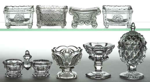 ASSORTED LACY ERA AND EARLY PRESSED OPEN SALTS, LOT OF EIGHT