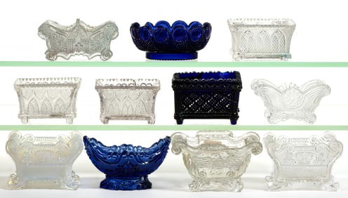 ASSORTED LACY-ERA PRESSED OPEN SALTS, LOT OF 11