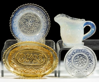 ASSORTED PRESSED LACY GLASS TOY ARTICLES, LOT OF FOUR