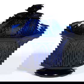 PRESSED LACY GOTHIC ARCH SUGAR BOWL AND COVER: PRESSED LACY GOTHIC ARCH SUGAR BOWL AND COVER, deep purple-blue, octagonal bowl with four different arch designs and a plain rim, raised on a circular foot, matching cover with four arch designs and a