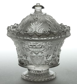 PRESSED LACY ACANTHUS LEAF AND EAGLE-HEADED SHIELD SUGAR BOWL AND COVER